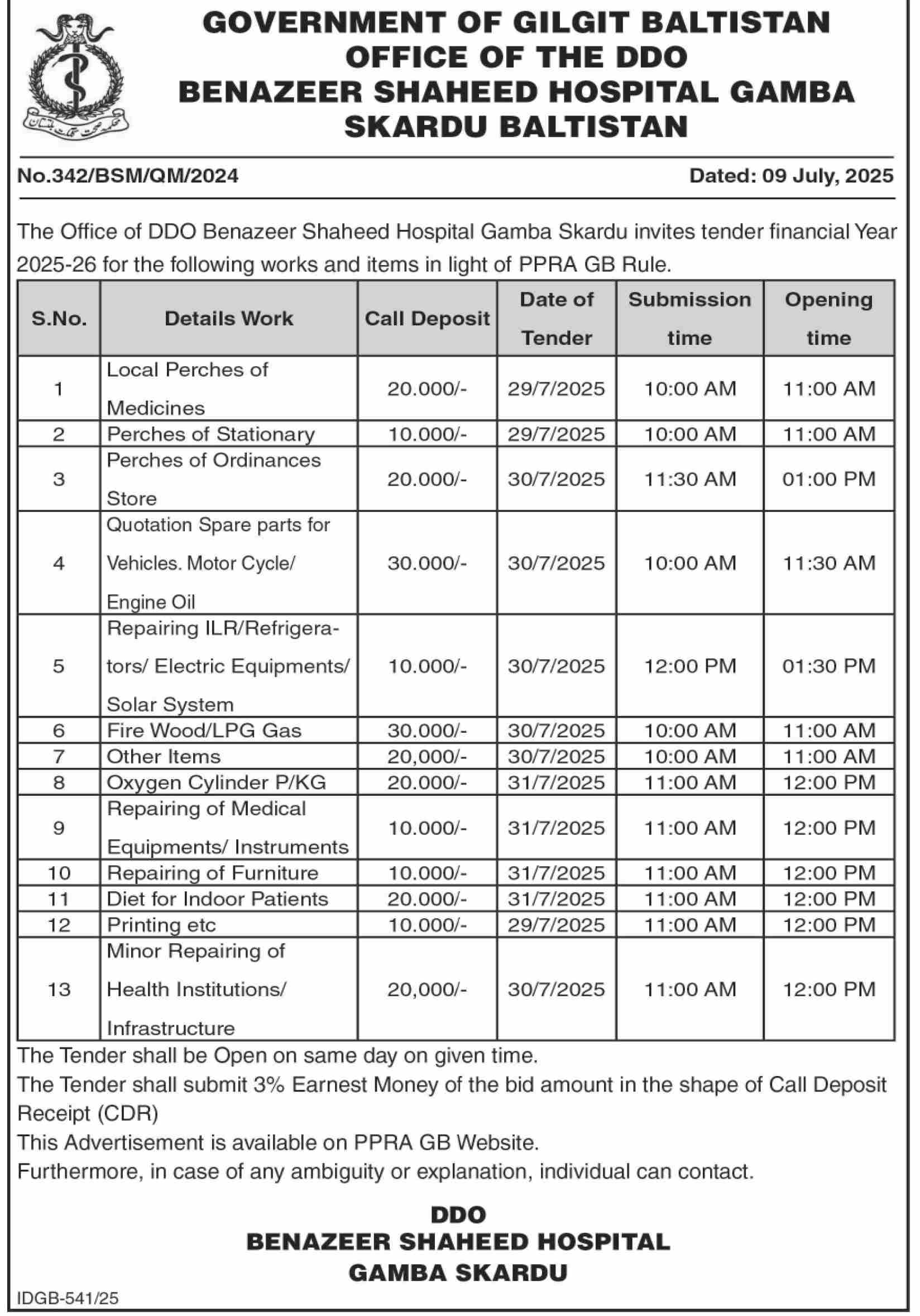 Benazeer Shaheed Hospital Skardu Tender Notice